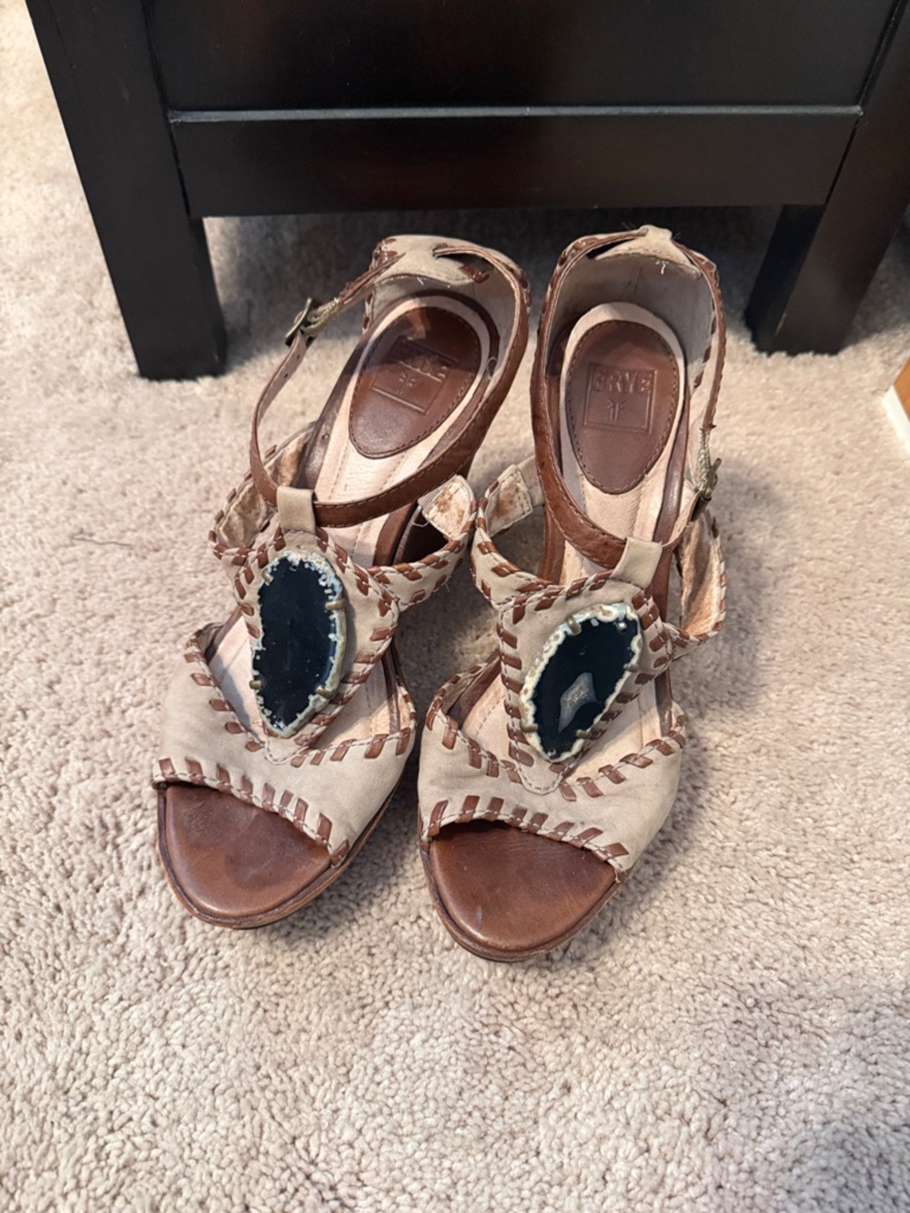 Frye Beige and Brown T-Strap Heels with Black Stone Accent